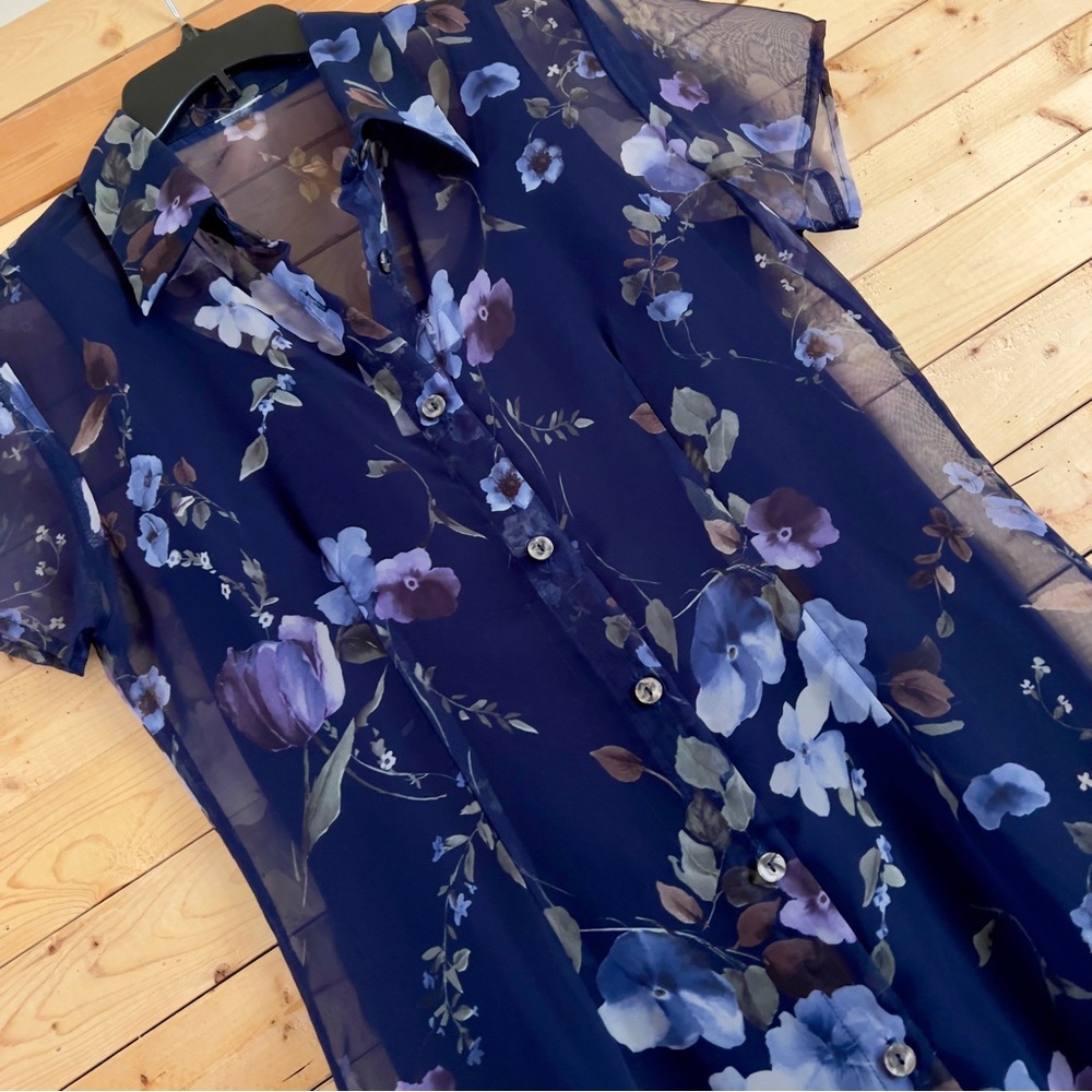 Vintage EnFocus Studio Navy Blue Floral Print Sheer Maxi Shirt Dress Set Size 6 - Picture 4 of 14